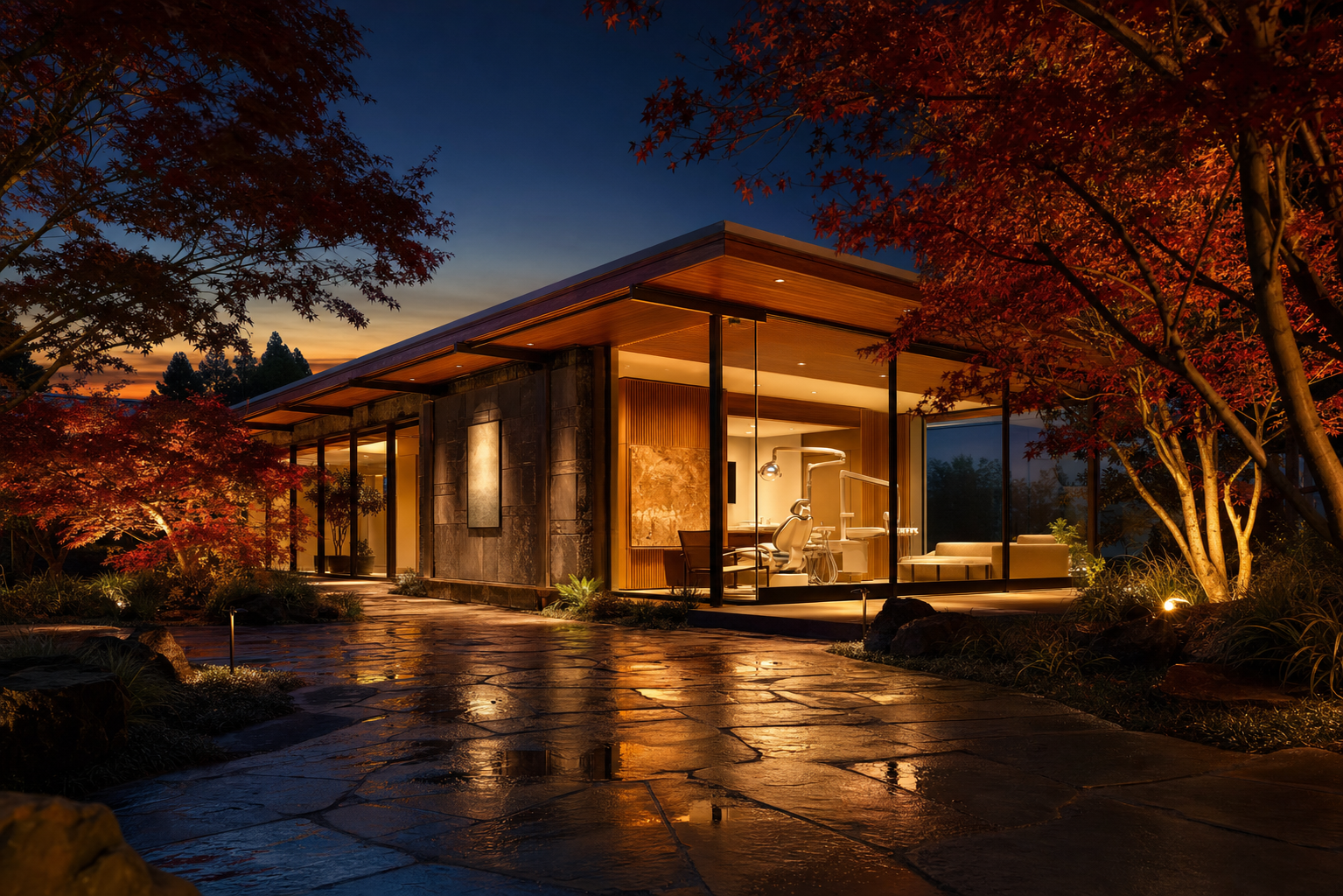 A modernist private dental clinic exterior at twilight, lit warmly from within