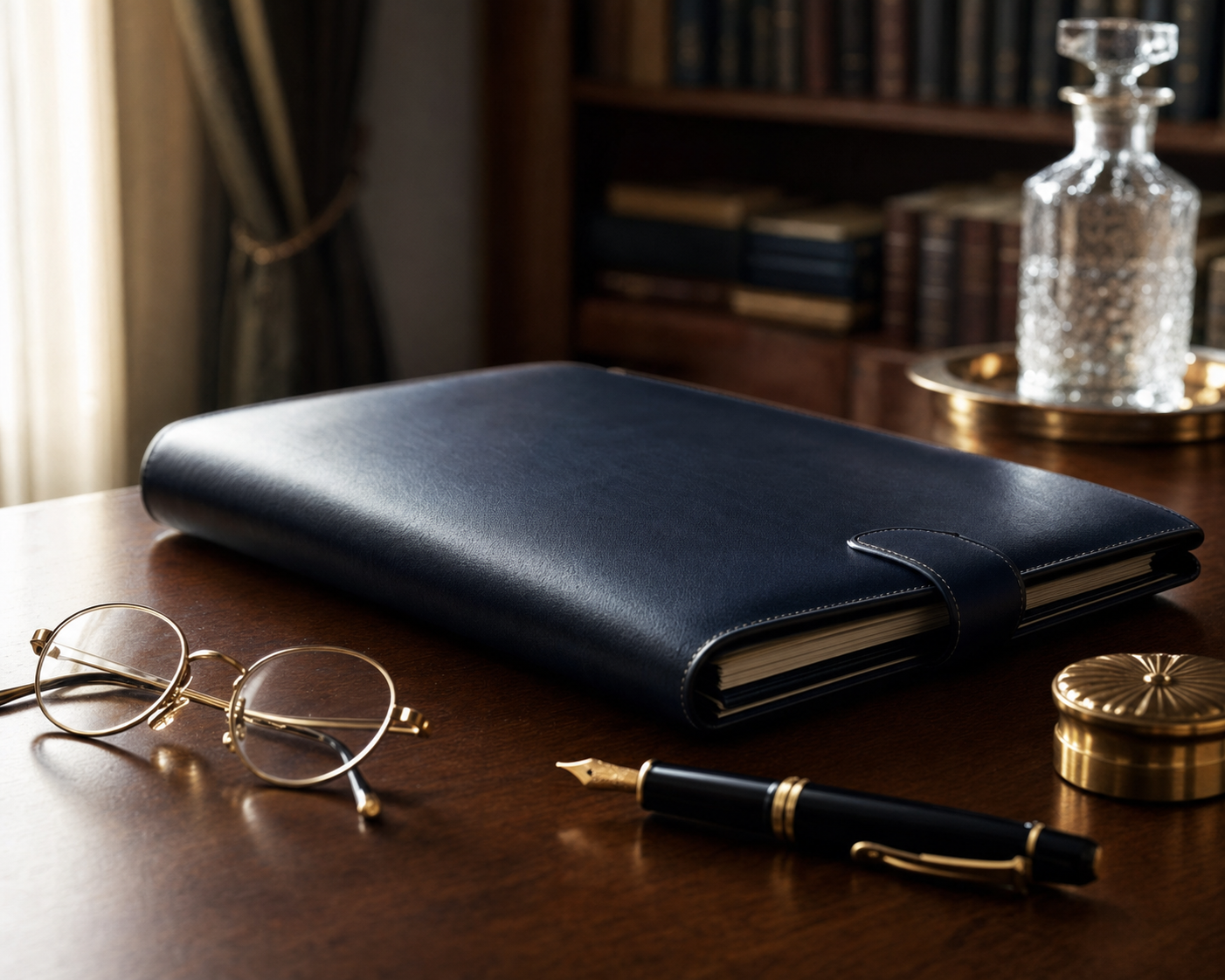 A leather portfolio, fountain pen, and gold-rimmed glasses on a walnut desk