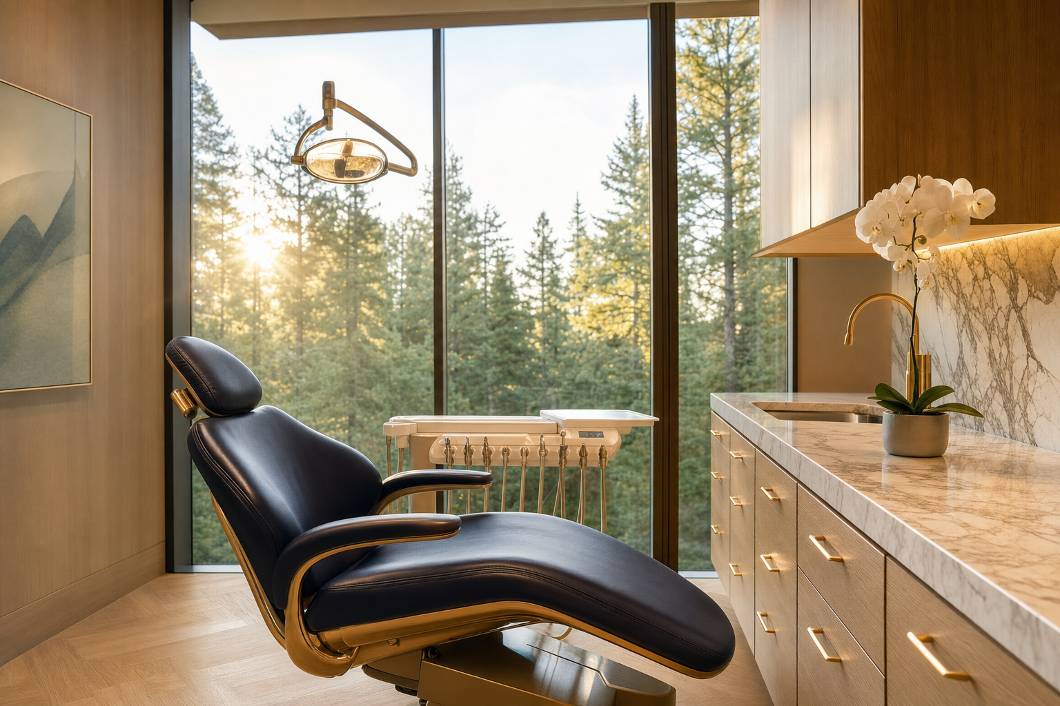 A premium dental operatory with forest views at golden hour