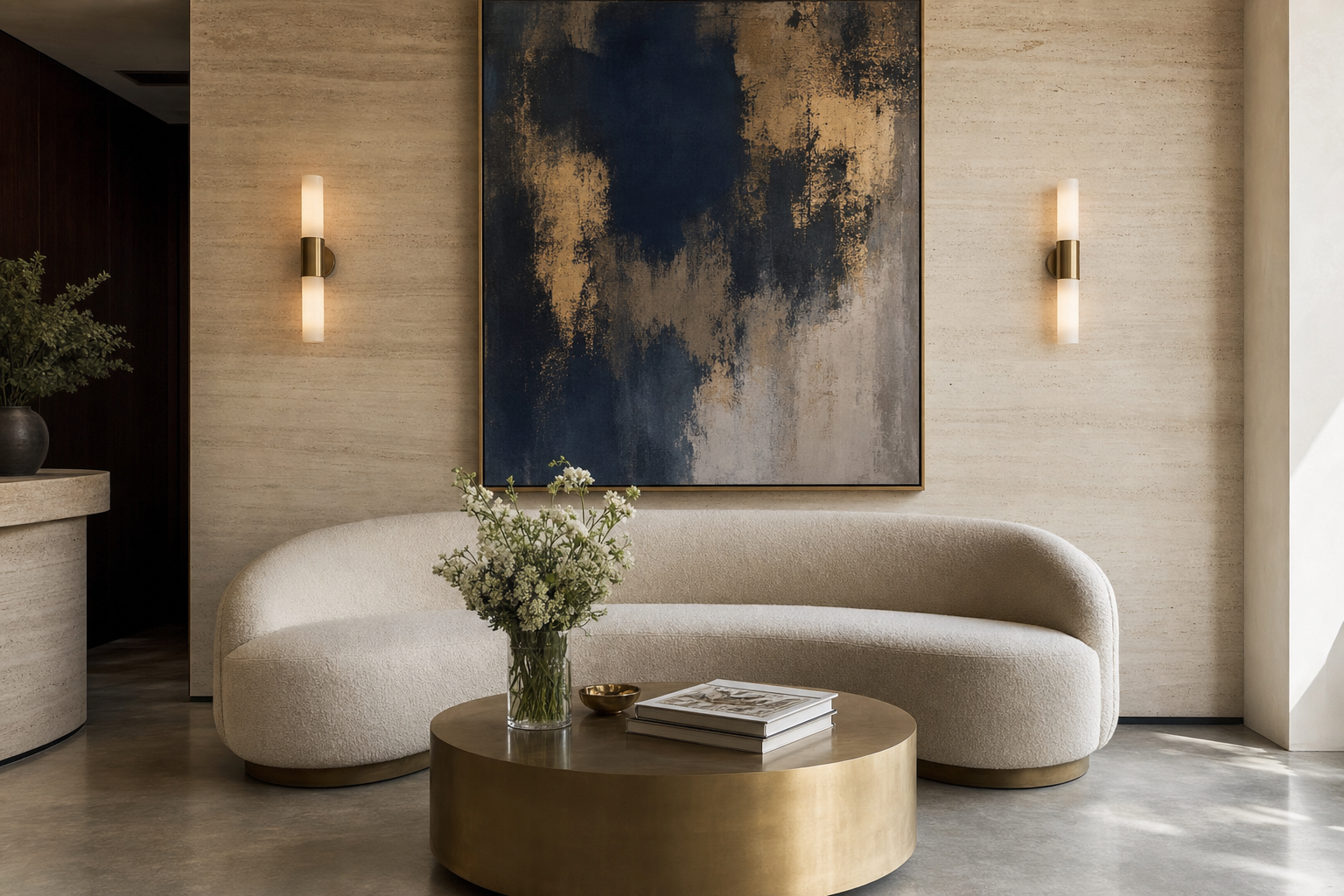 A travertine reception lounge with a navy and gold abstract painting