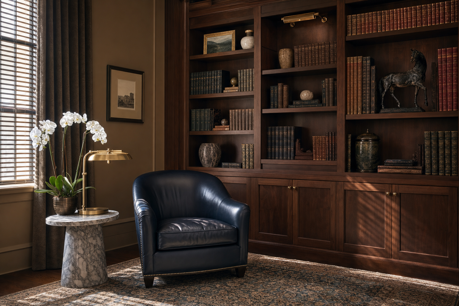 A walnut-paneled consultation suite with a navy leather chair